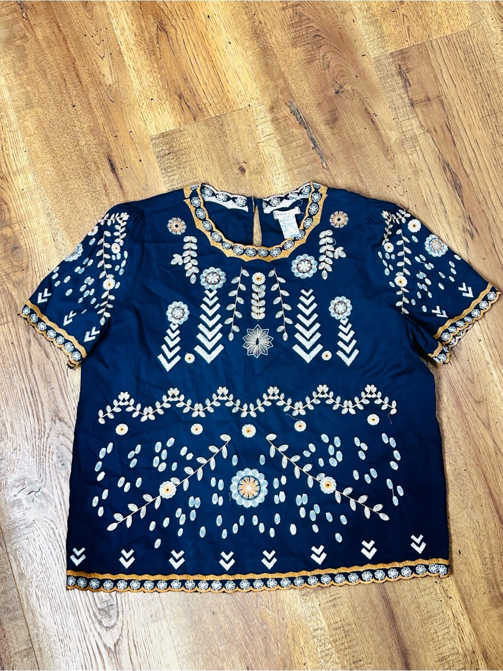 Main Strip Navy Blue Floral Embroidered Short-Sleeve Top
